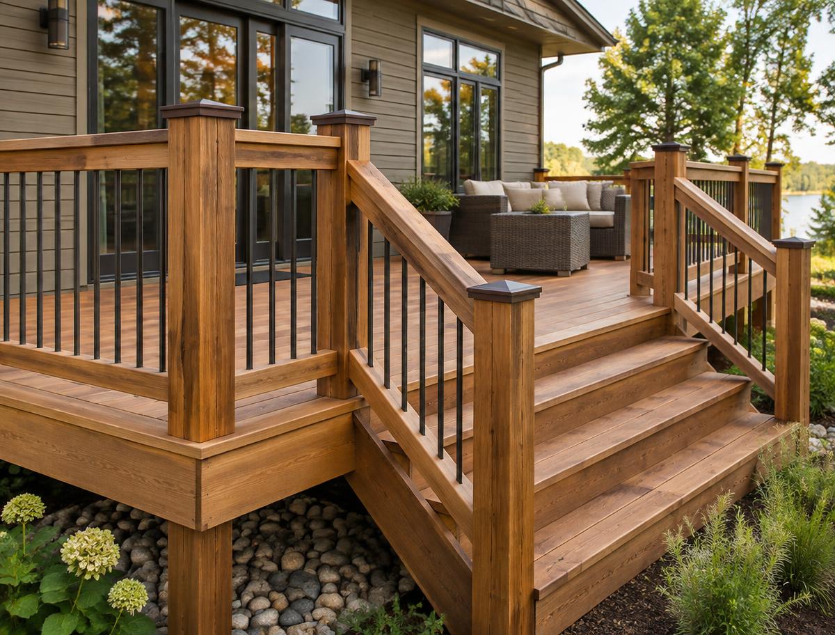 Detailed cedar deck stairs and railing craftsmanship